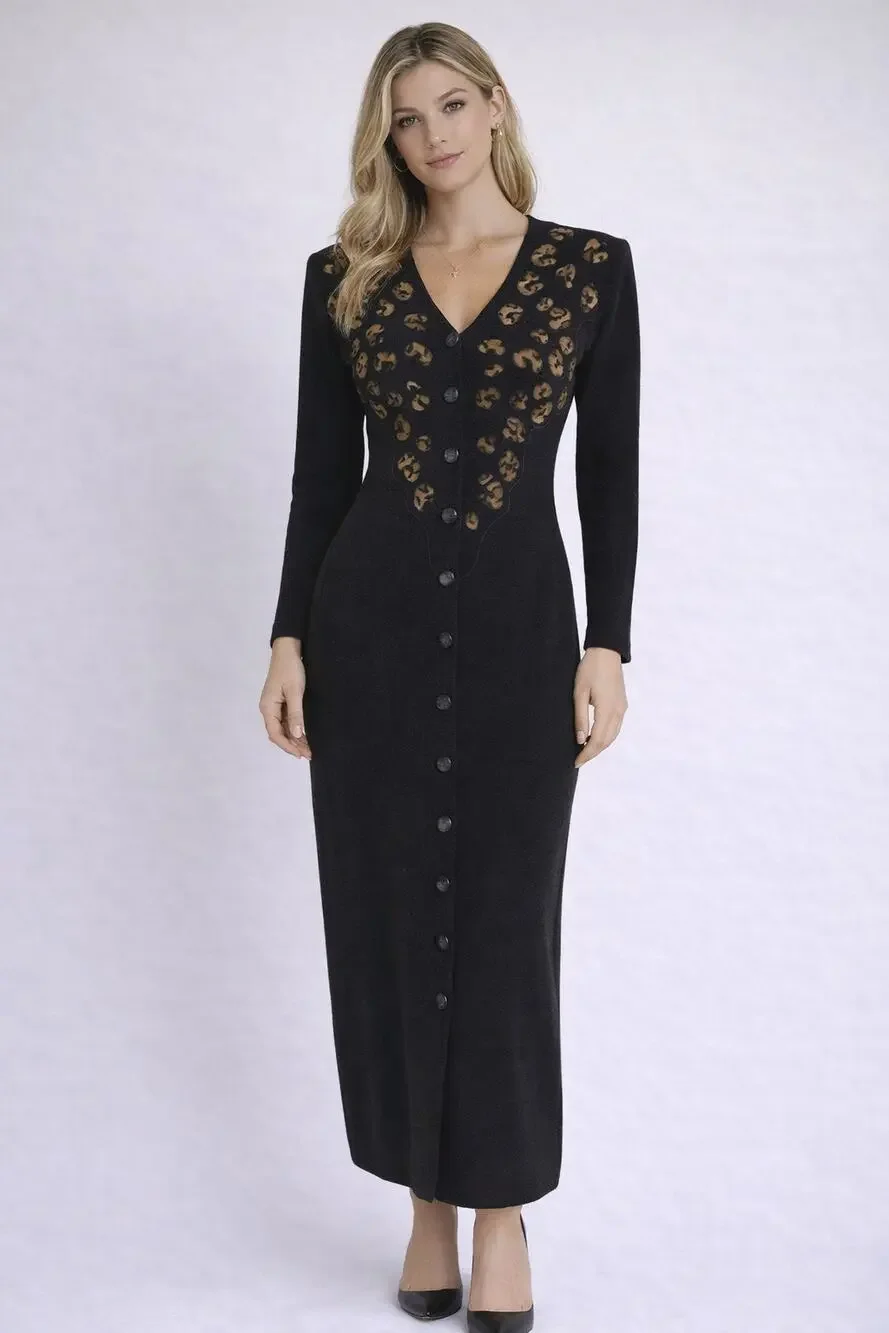 Carole Little Vintage Maxi Dress Long Sleeves Leopard Animal Print Womens Wool